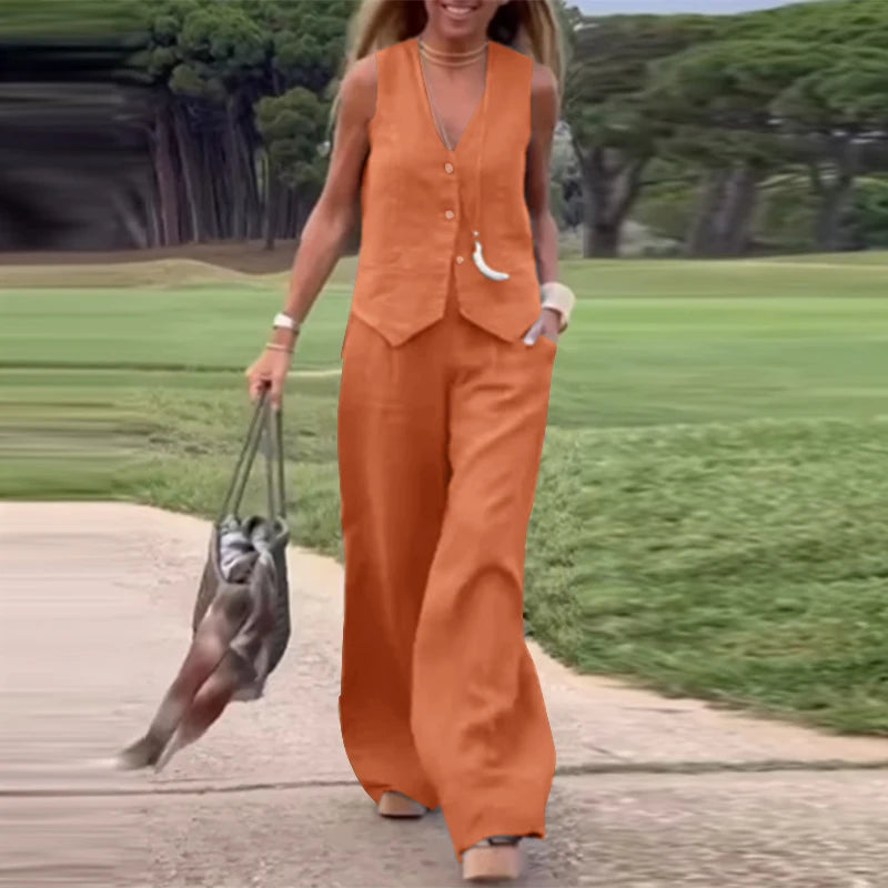 Woman Elegant 2-Piece Pant Sets Casual Vest and Pants Sets Old Money Style Suits 2pcs Outfits Wide Leg Trouser Sets