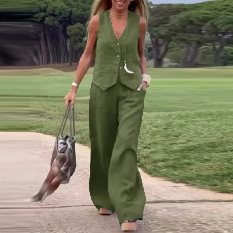 Woman Elegant 2-Piece Pant Sets Casual Vest and Pants Sets Old Money Style Suits 2pcs Outfits Wide Leg Trouser Sets