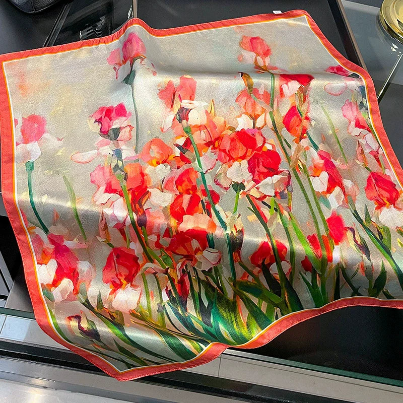 2025 New 100% Pure Silk Scarf Women Neck Hair Foulard Bandana Square Small Headband Hijab Print Poncho Scarves Pashmina