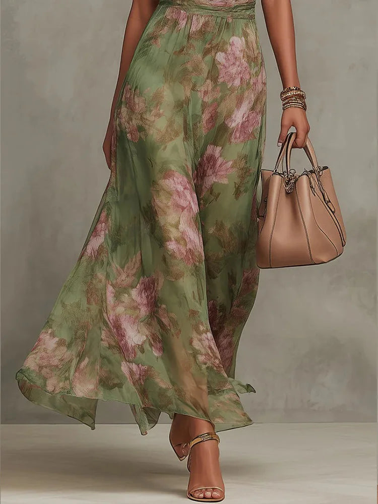Fashion Sleeveless High Neck Ruched Waist Chiffon Flowy Evening Party Dress 2026 New Women Floral Print Halter Maxi Dress