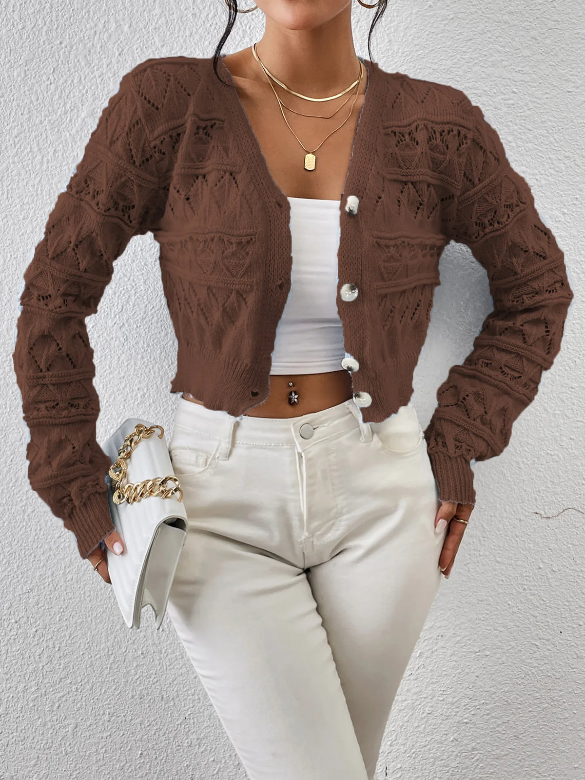 2026 New Autumn Women V-neck Knitwears Long Sleeve Knitted Sweaters Hollow Out Embroidery Single Breasted Short Cardigans Tops
