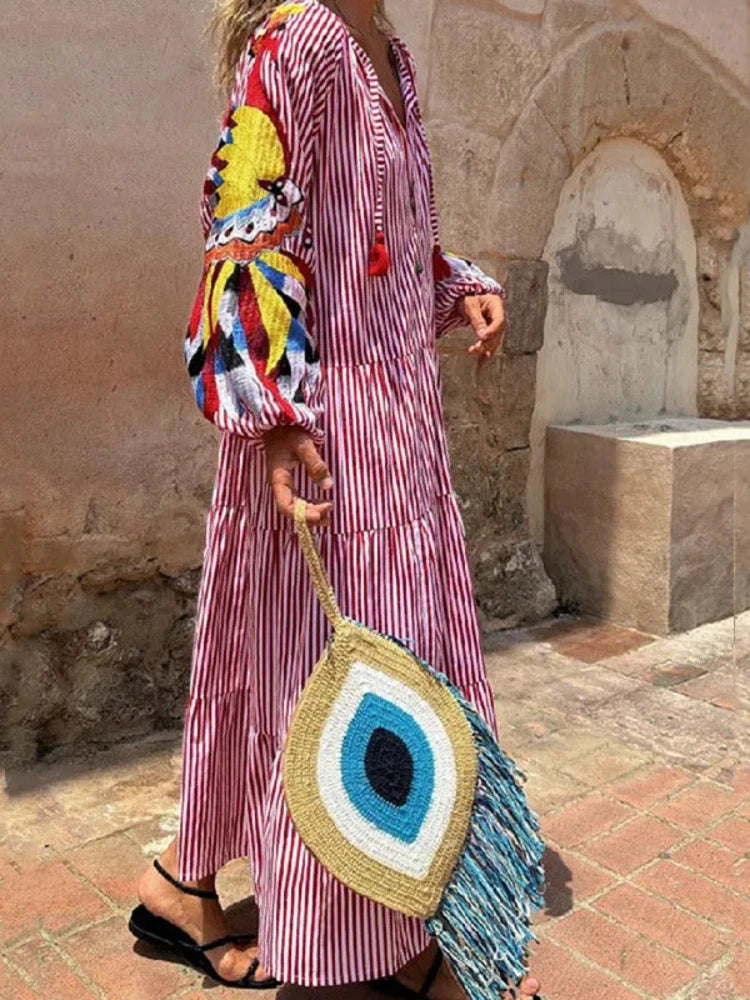 2024 Autumn Fashion New Women's Loose Long Sleeve Striped Splicing V-neck Lantern Sleeve Printed Loose Long Dress