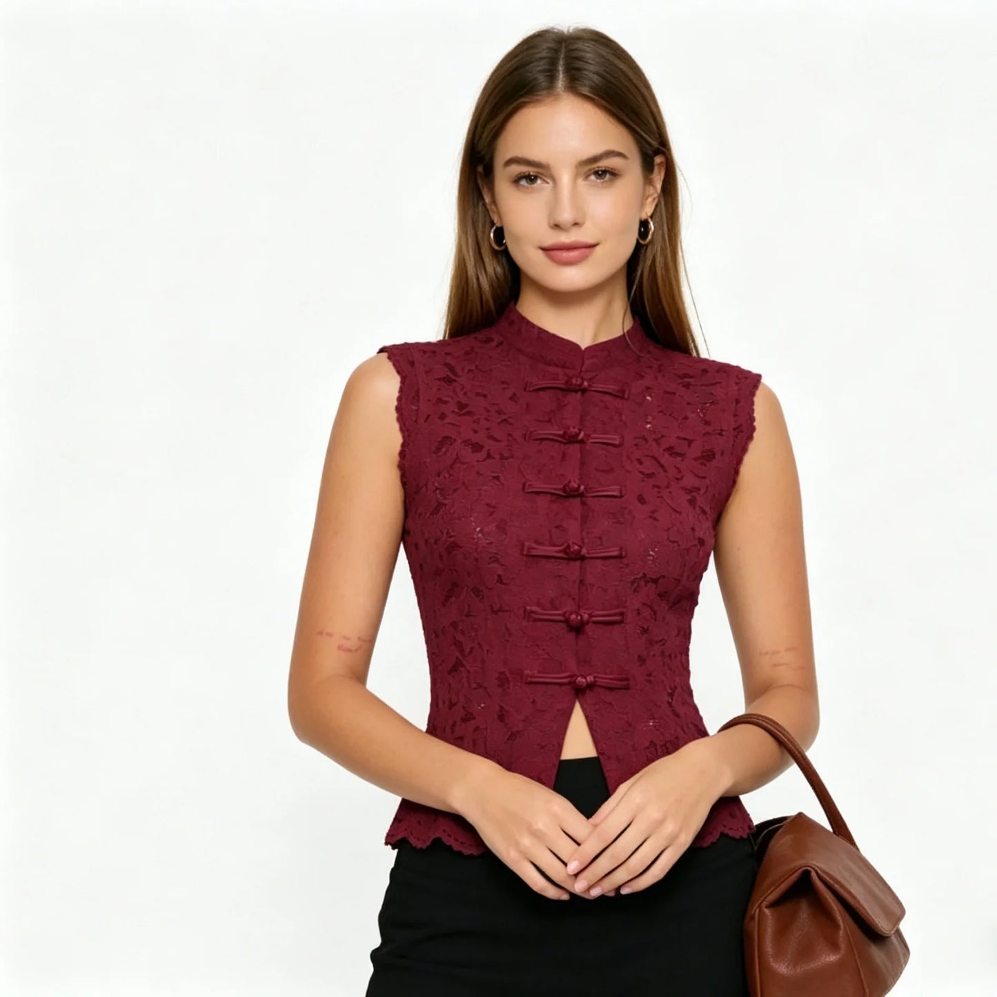 Y2K Aesthetic Solid Color Lace Crop Top Sleeveless Chinese Frog Button Vest Women's Summer Party Streetwear