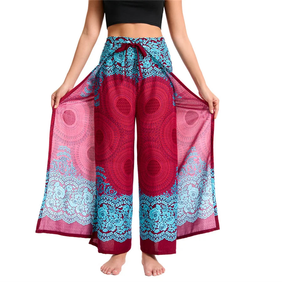 Women's Boho Palazzo Pants Wide Leg Yoga Wrap Tie Up Waistband Beach Cover Up Trousers Rayon Soft Breathable Loose Pants