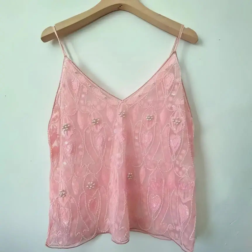 Puloru Trendy Sequins Beads Flower Pattern Vests Women's Sleeveless Open Back V Neck Camisoles See-Through Chic Summer Camis