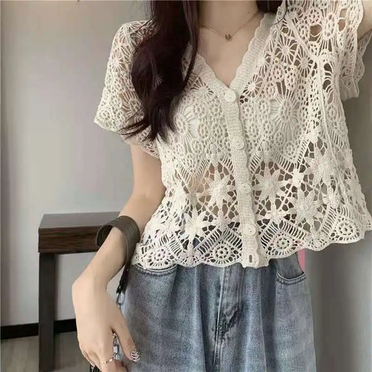 Sheer Crochet Top Button Front V-Neck Short Sleeve Open-knit Embroidery Blouse Women Summer Boho Vacation Outfit