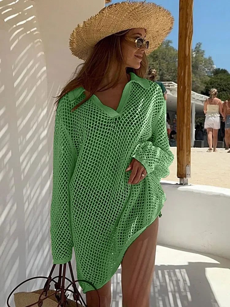 Solid Colour Beach Knit Mini Dress Women's Summer Sexy Hollow Out Long Sleeve Swimsuit Cover Up Boho Holiday Loose Beachwear K17