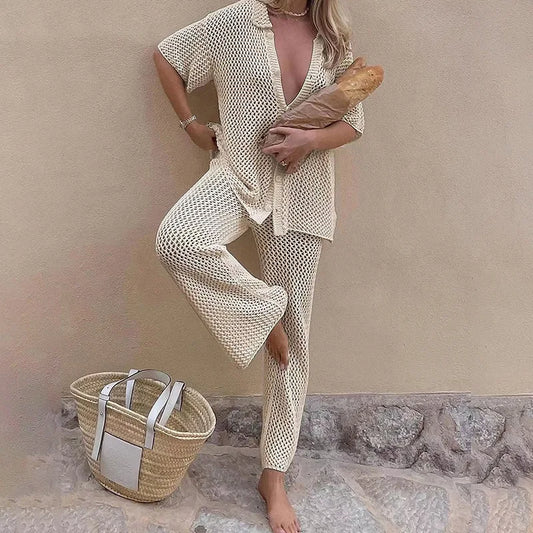 Suimsuit Cover up Beach 2024 Knitted Hollow Out cardigan Top Straight Pants Sets Mesh High-Waist Bottoms Suit Sexy Streetwear