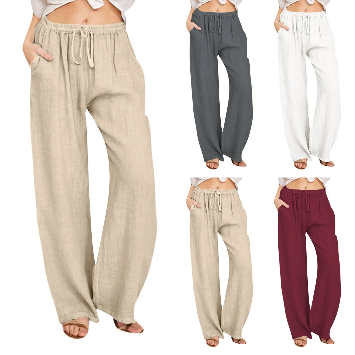 Summer Cotton Linen Wide Leg Pants for Women Pants Full Length Casual Pants Female Solid Loose High Waist Straight Trousers