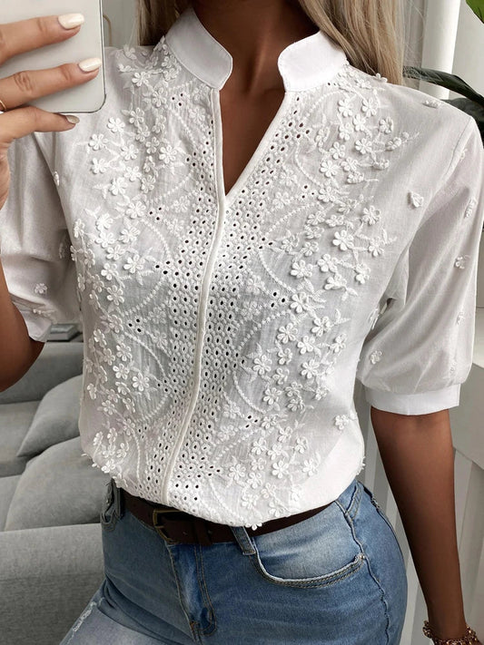 Summer Floral Embroidery Lace Blouse Fashion Women V Neck Casual Shirt Chic Short Sleeve Hollow Out Tops Elegant Blusas 24350