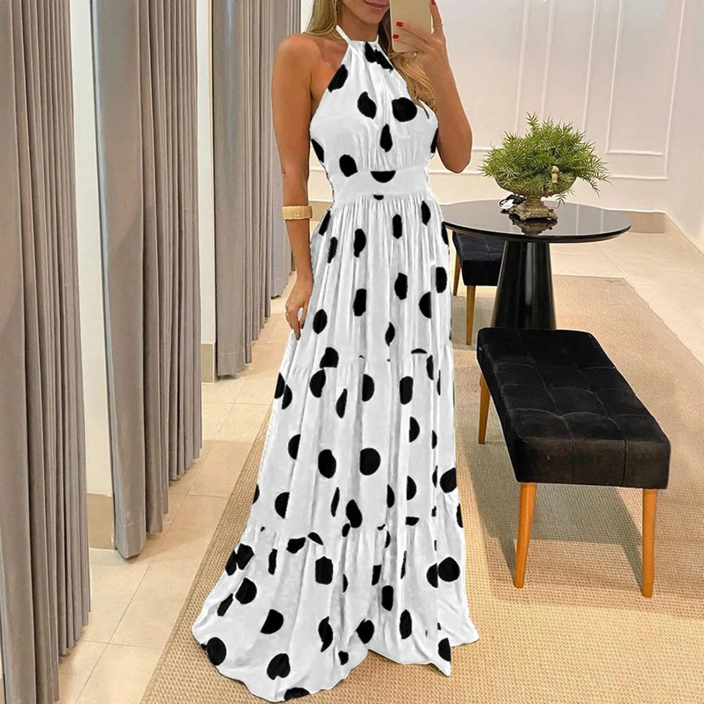 Summer Long Dress Polka Dot Casual Dresses Black Sexy Halter Strapless New 2023 Yellow Sundress Vacation Clothes For Women