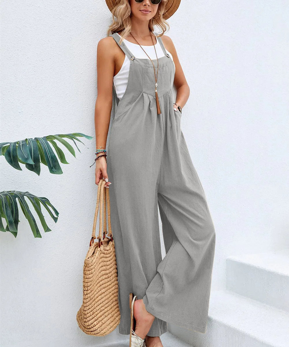 Summer Women Sleeveless Rompers Loose Jumpsuit Casual Backless Overalls Trousers Wide Leg Pants
