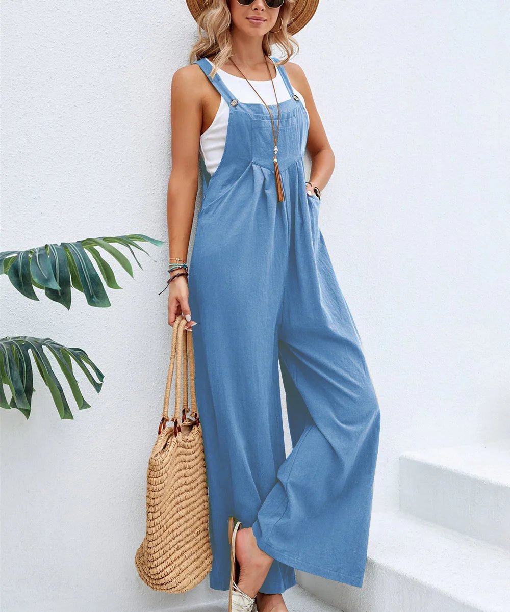 Summer Women Sleeveless Rompers Loose Jumpsuit Casual Backless Overalls Trousers Wide Leg Pants