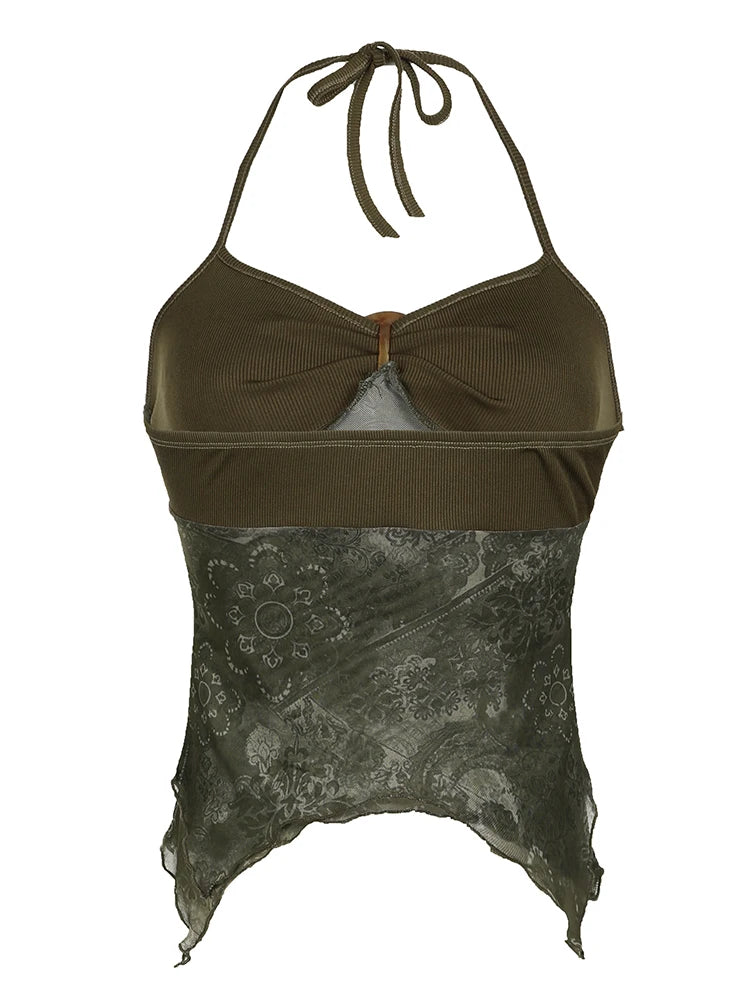 Sweetown Retro Forest Green Vintage Print Boho Y2K Camisole Backless Halter Tie Asymmetrical Tops Women Summer Vacation Clothing