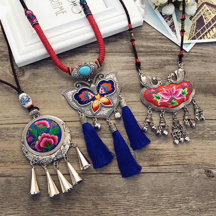 Retro Fashion Ethnic Embroidery Flower Necklace Tassel Pendant Sweater Chain