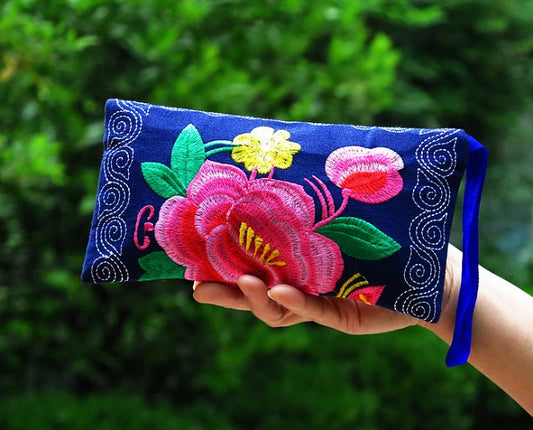 Long Double sided Embroidered Wallet, Wrist Bag, Handheld Bag, Women's Bag, Ethnic Style Cotton and Hemp Fabric Art Bag