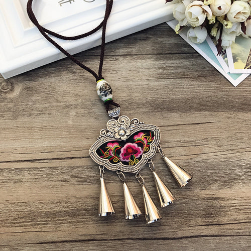 Retro Fashion Ethnic Embroidery Flower Necklace Tassel Pendant Sweater Chain