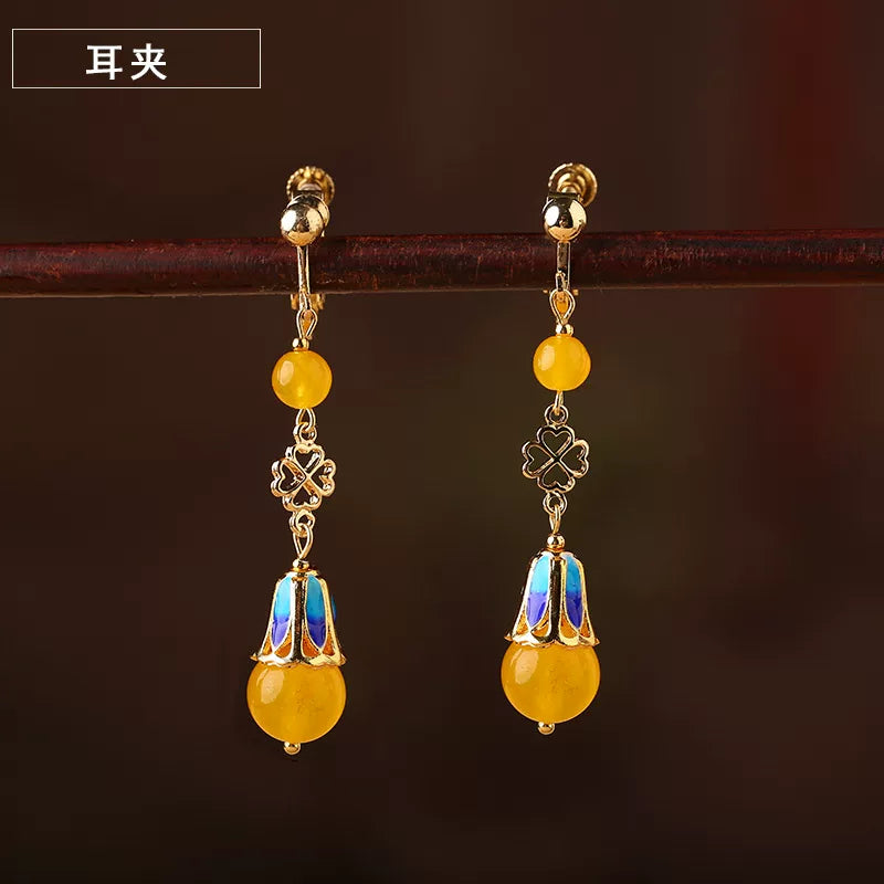 Ethnic Style Long Jade Earrings Retro Temperament Fringed Silver Earrings