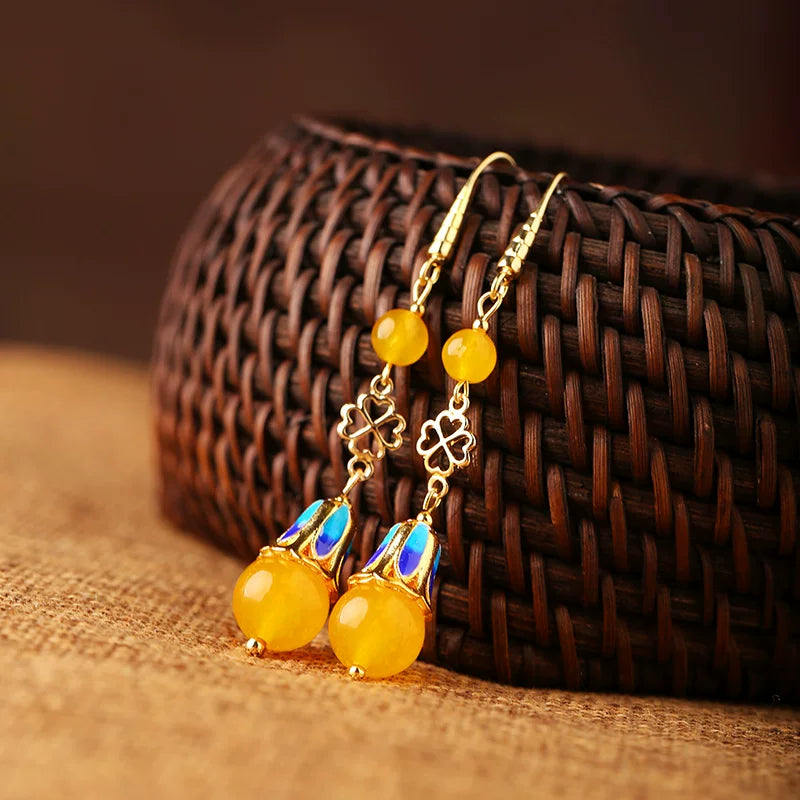 Ethnic Style Long Jade Earrings Retro Temperament Fringed Silver Earrings