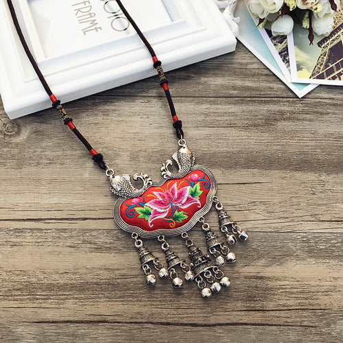 Retro Fashion Ethnic Embroidery Flower Necklace Tassel Pendant Sweater Chain