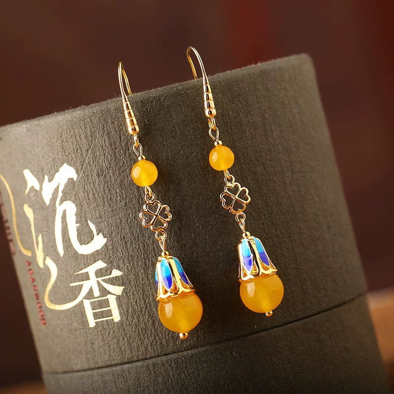 Ethnic Style Long Jade Earrings Retro Temperament Fringed Silver Earrings