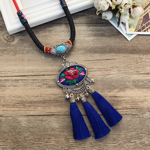 Retro Fashion Ethnic Embroidery Flower Necklace Tassel Pendant Sweater Chain