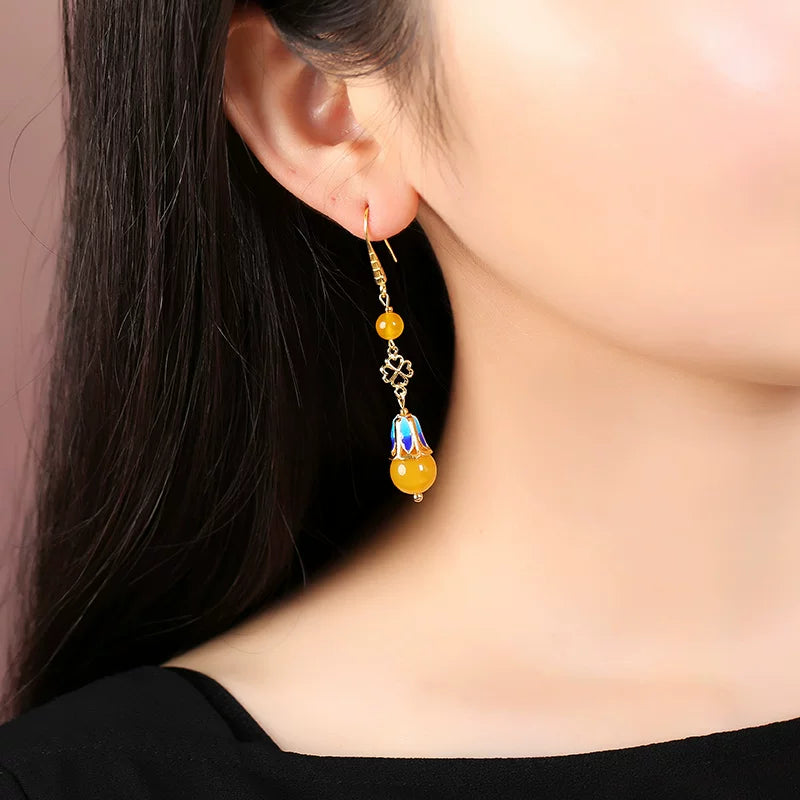 Ethnic Style Long Jade Earrings Retro Temperament Fringed Silver Earrings