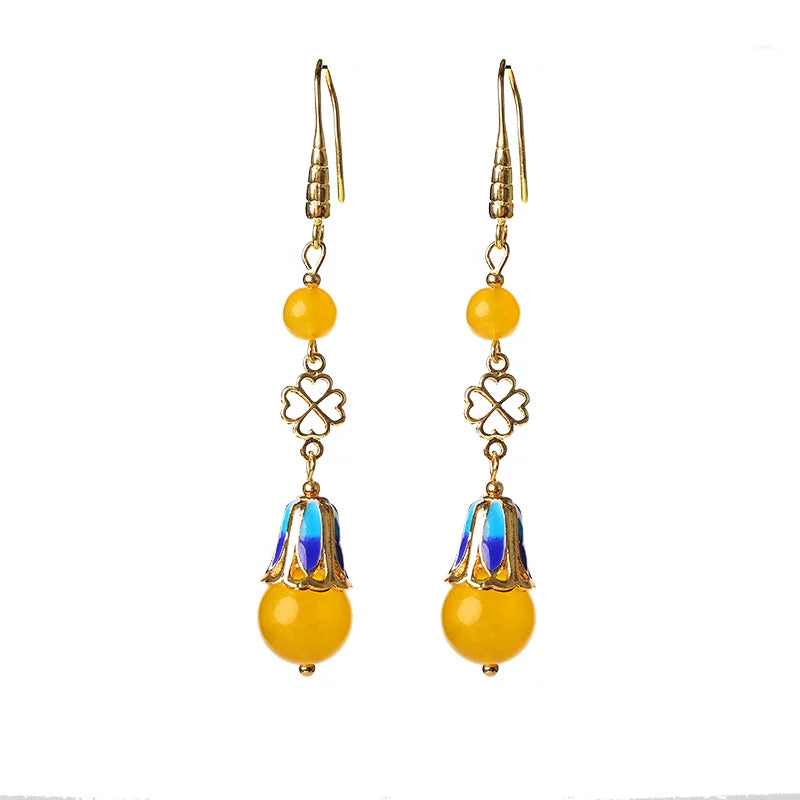 Ethnic Style Long Jade Earrings Retro Temperament Fringed Silver Earrings