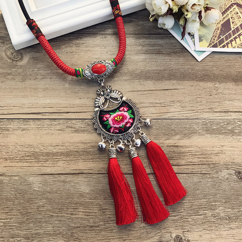 Retro Fashion Ethnic Embroidery Flower Necklace Tassel Pendant Sweater Chain