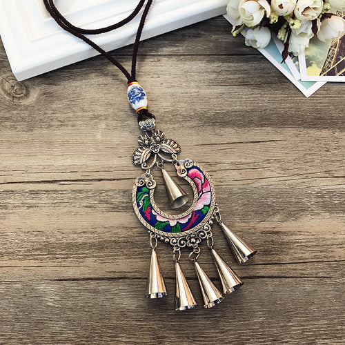 Retro Fashion Ethnic Embroidery Flower Necklace Tassel Pendant Sweater Chain