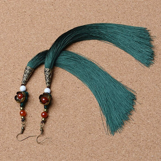 Ethnic Style Super Long Dark Green Fringed Earrings Exaggerated Earrings