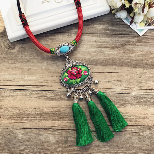 Retro Fashion Ethnic Embroidery Flower Necklace Tassel Pendant Sweater Chain