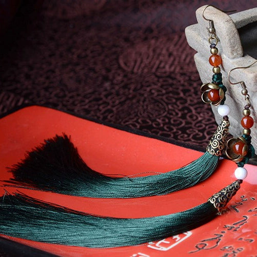 Ethnic Style Super Long Dark Green Fringed Earrings Exaggerated Earrings