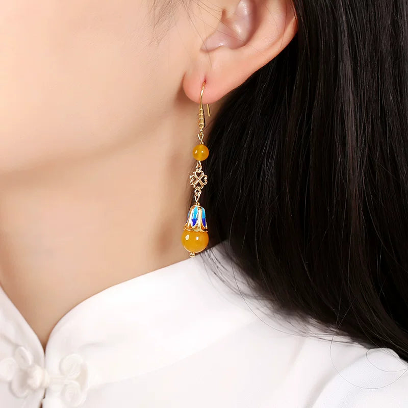 Ethnic Style Long Jade Earrings Retro Temperament Fringed Silver Earrings