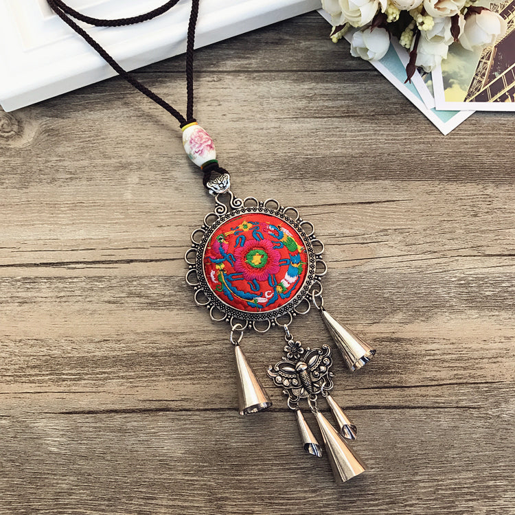 Retro Fashion Ethnic Embroidery Flower Necklace Tassel Pendant Sweater Chain