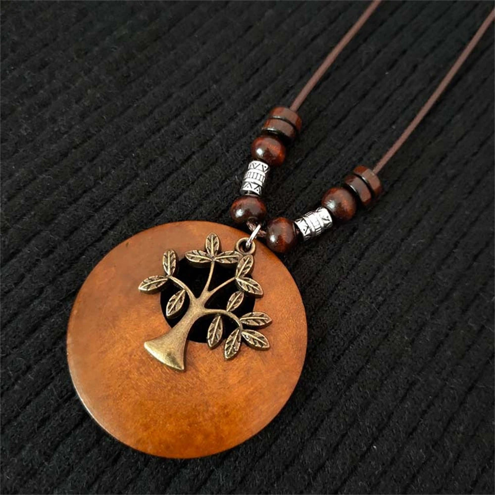 Vintage Wooden Owl Leaf Pendant Necklaces Boho Ethnic Style Metal Hollow leaves Necklaces Long Wax Rope Chain For Women Gifts