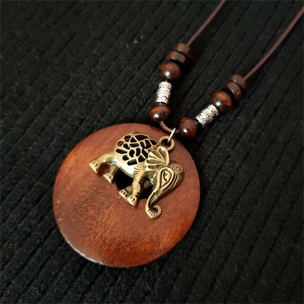 Vintage Wooden Owl Leaf Pendant Necklaces Boho Ethnic Style Metal Hollow leaves Necklaces Long Wax Rope Chain For Women Gifts