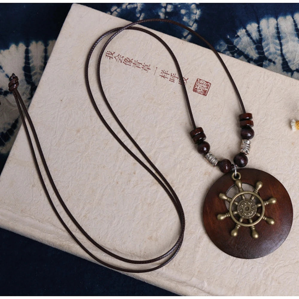 Vintage Wooden Owl Leaf Pendant Necklaces Boho Ethnic Style Metal Hollow leaves Necklaces Long Wax Rope Chain For Women Gifts