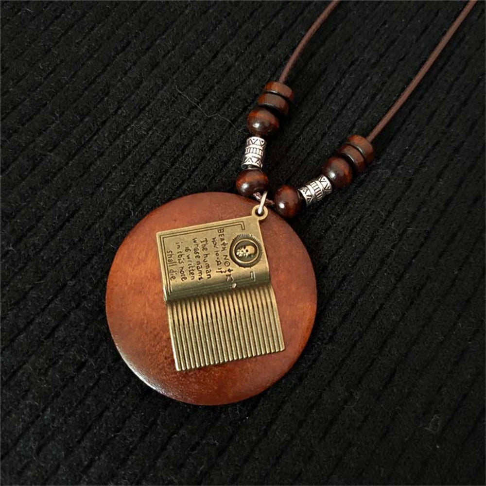 Vintage Wooden Owl Leaf Pendant Necklaces Boho Ethnic Style Metal Hollow leaves Necklaces Long Wax Rope Chain For Women Gifts