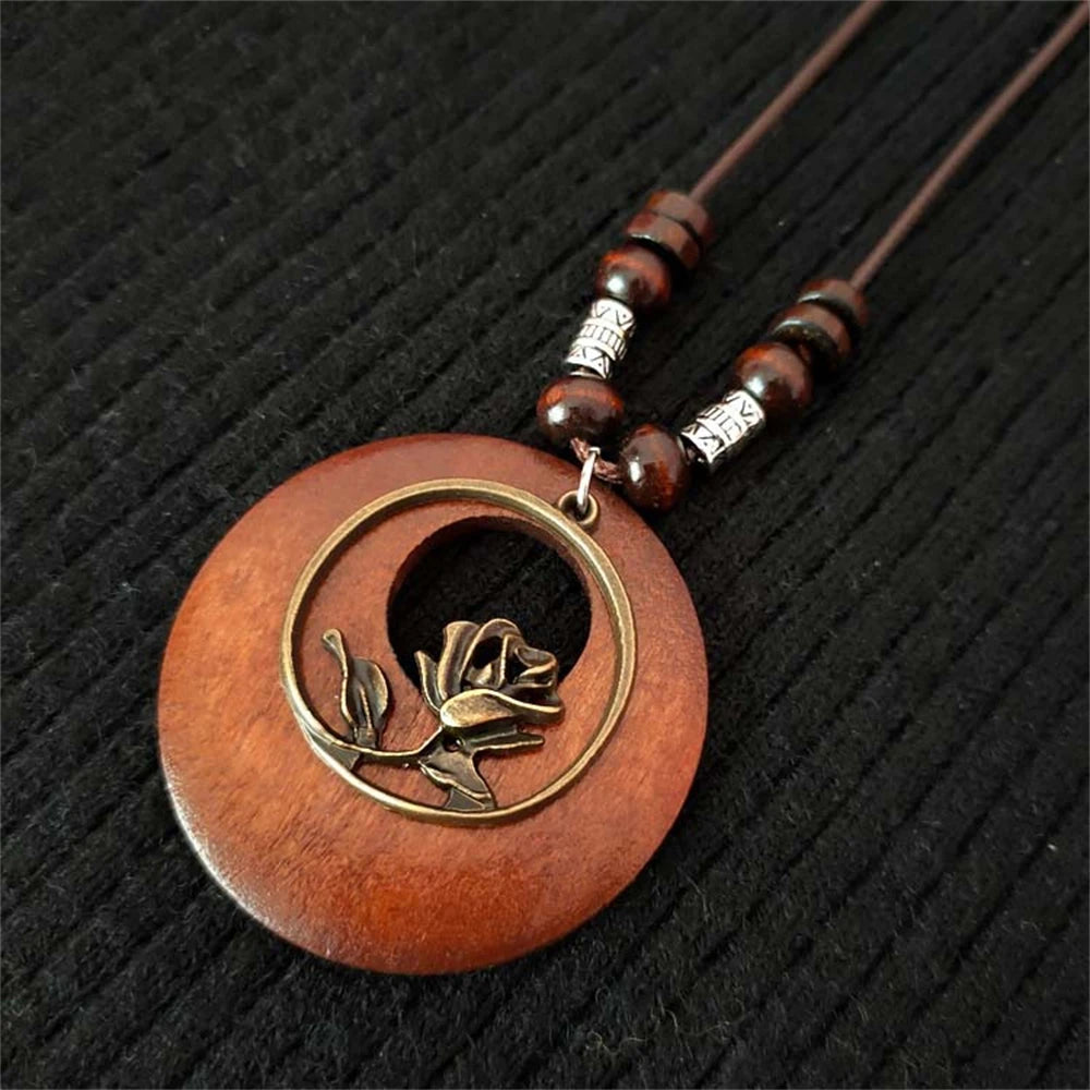 Vintage Wooden Owl Leaf Pendant Necklaces Boho Ethnic Style Metal Hollow leaves Necklaces Long Wax Rope Chain For Women Gifts