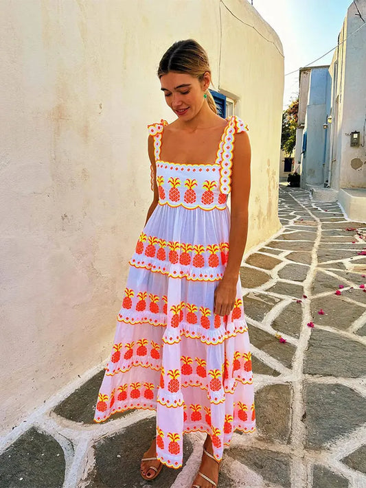 Women Contrasting Printed Sling Lace Up Maxi Dress Fashion Sleeveless Off Shoulder Loose Dresses Vintage Lady Street Vestidos