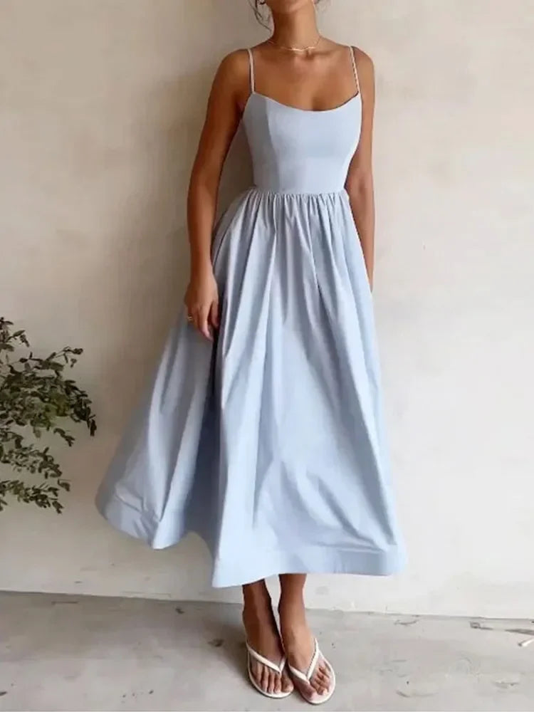 Women Elegant Solid Spaghetti Strap Midi Dress Fashion U-neck Sleeveless Backless Pocket Dresses Summer Lady Party A-line Robes