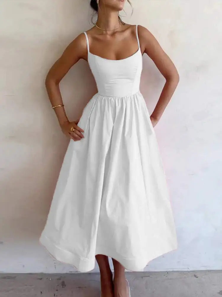 Women Elegant Solid Spaghetti Strap Midi Dress Fashion U-neck Sleeveless Backless Pocket Dresses Summer Lady Party A-line Robes