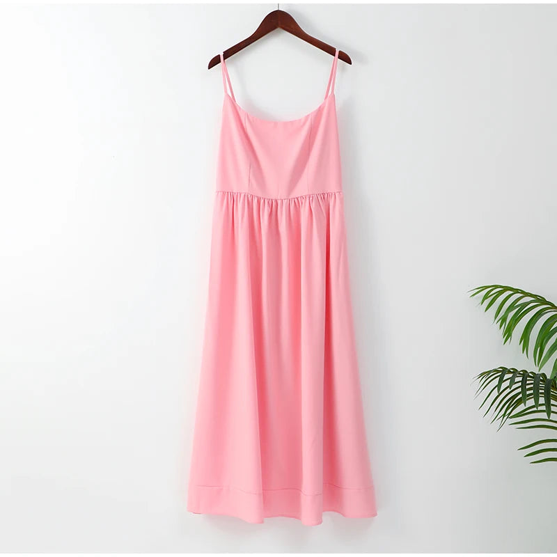 Women Elegant Solid Spaghetti Strap Midi Dress Fashion U-neck Sleeveless Backless Pocket Dresses Summer Lady Party A-line Robes