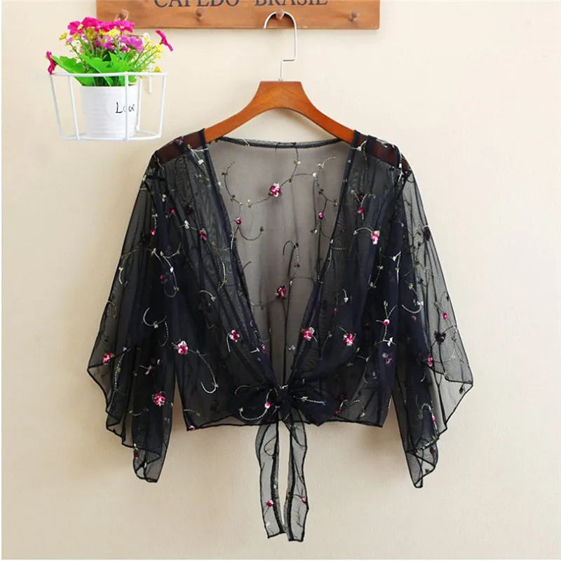 Women Mesh Sheer Cover Ups Shirts Tops Floral Embroidery Long Sleeve See-through Cardigan Blouse Beach Boho Shawl Bathing Suit