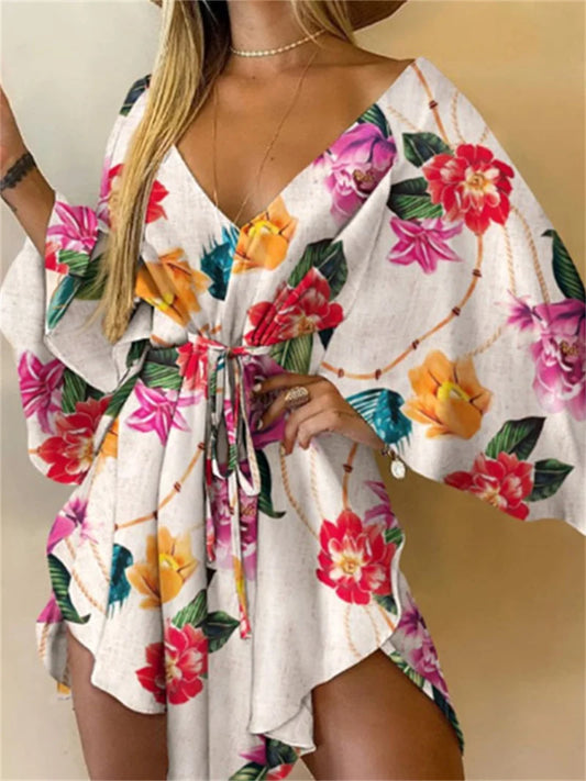 Women Print Dress Sexy V-Neck Bat Sleeve Ruffl Flowers Print Bohemian Beach Sundress Ladies Loose Summer Vacation Mini Dresses