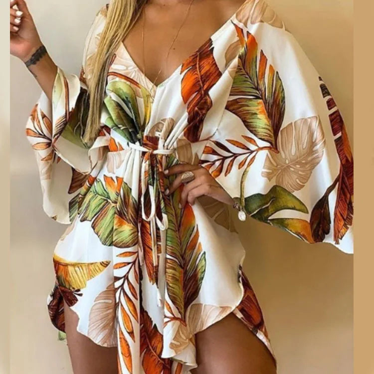 Women Print Dress Sexy V-Neck Bat Sleeve Ruffl Flowers Print Bohemian Beach Sundress Ladies Loose Summer Vacation Mini Dresses