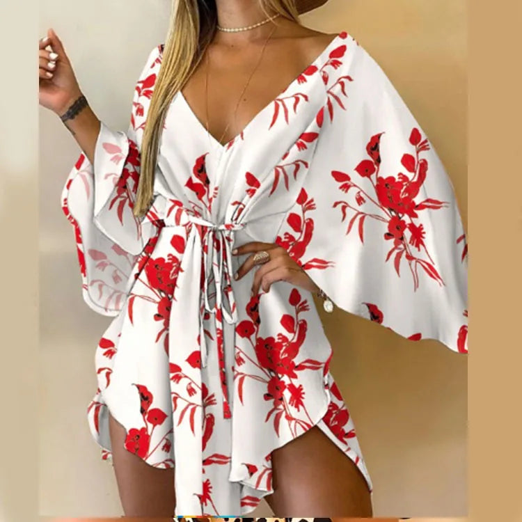 Women Print Dress Sexy V-Neck Bat Sleeve Ruffl Flowers Print Bohemian Beach Sundress Ladies Loose Summer Vacation Mini Dresses