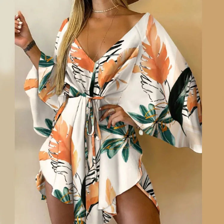 Women Print Dress Sexy V-Neck Bat Sleeve Ruffl Flowers Print Bohemian Beach Sundress Ladies Loose Summer Vacation Mini Dresses