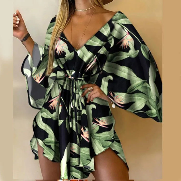 Women Print Dress Sexy V-Neck Bat Sleeve Ruffl Flowers Print Bohemian Beach Sundress Ladies Loose Summer Vacation Mini Dresses